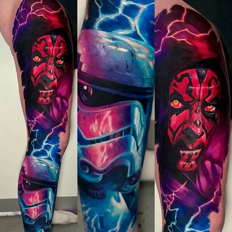 Large colorful Star Wars tattoo featuring Darth Maul and a Stormtrooper.