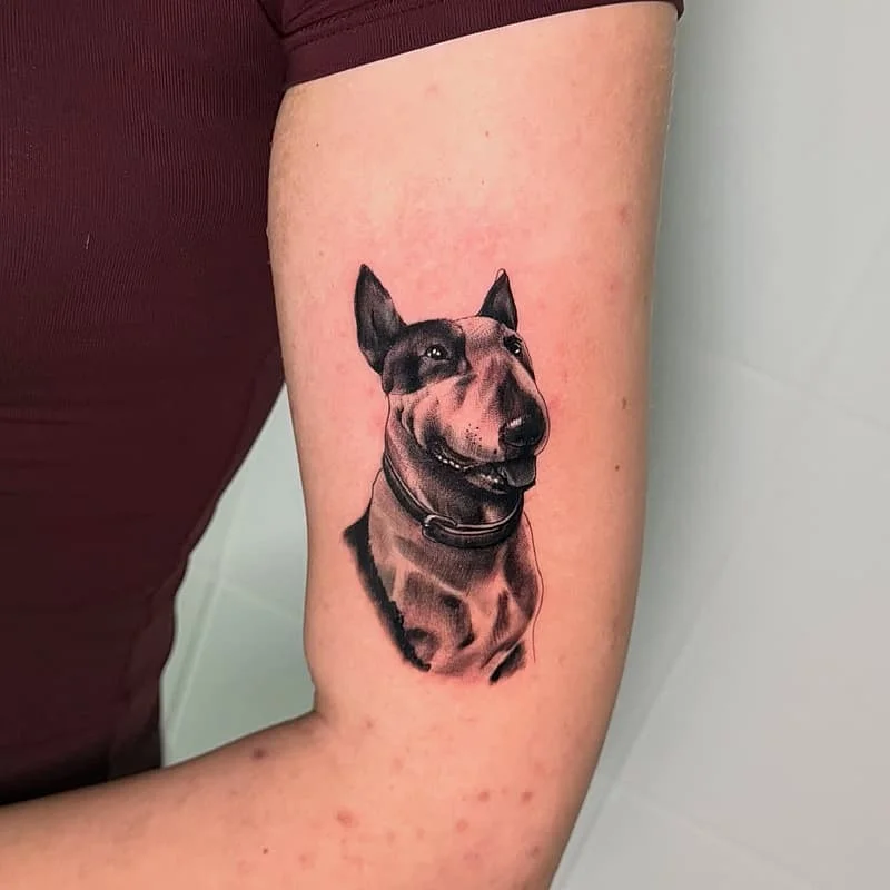 Realistic dog portrait tattoo on arm.