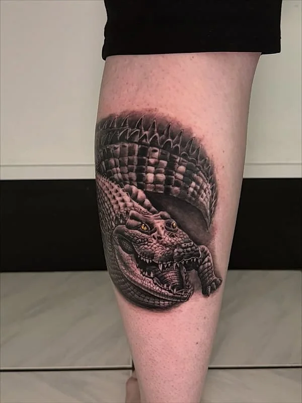 Realistic crocodile tattoo on calf.