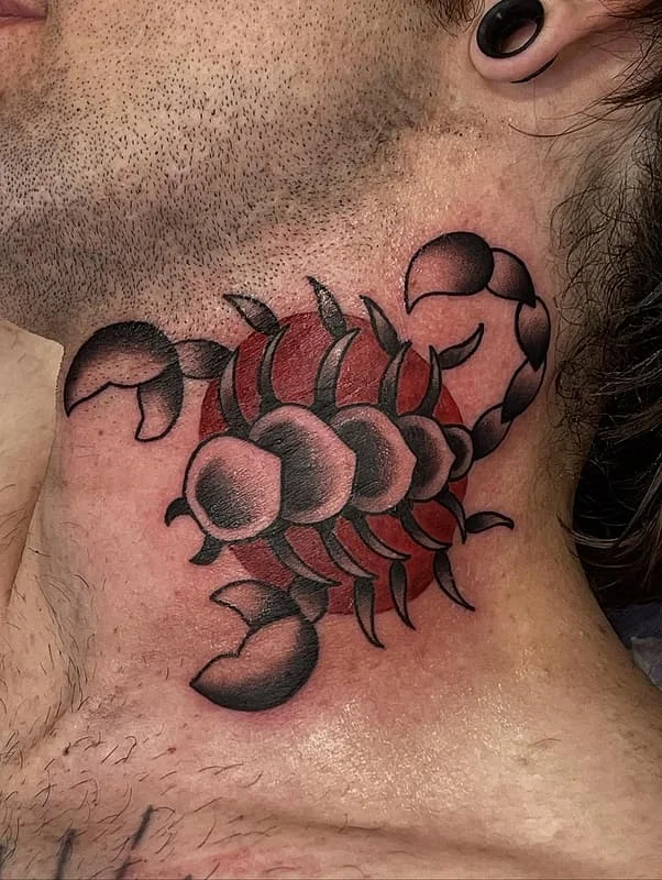Illustrative scorpion tattoo on neck with red accents.