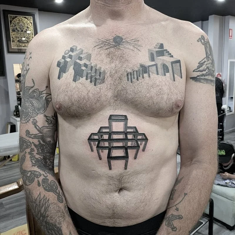 Geometric blackwork chest tattoo with minimalist linework