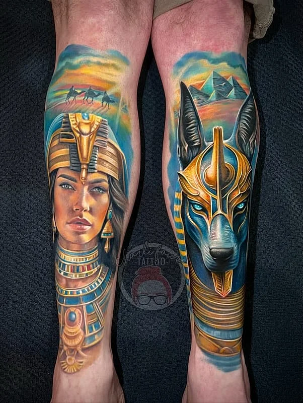 Large illustrative leg tattoo of Egyptian goddess showing detail that benefits from second skin healing