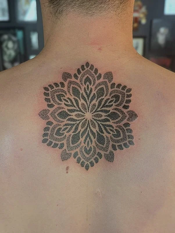 Intricate mandala tattoo on the back.