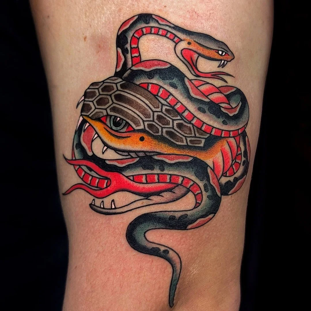 Vibrant illustrative snake tattoo on arm.