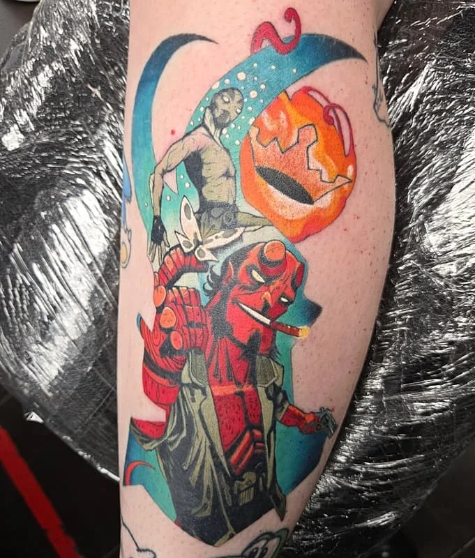 Vibrant illustrative tattoo of comic characters on forearm