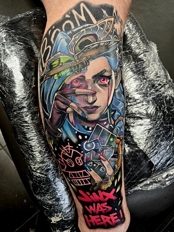 Vibrant illustrative leg tattoo with character work