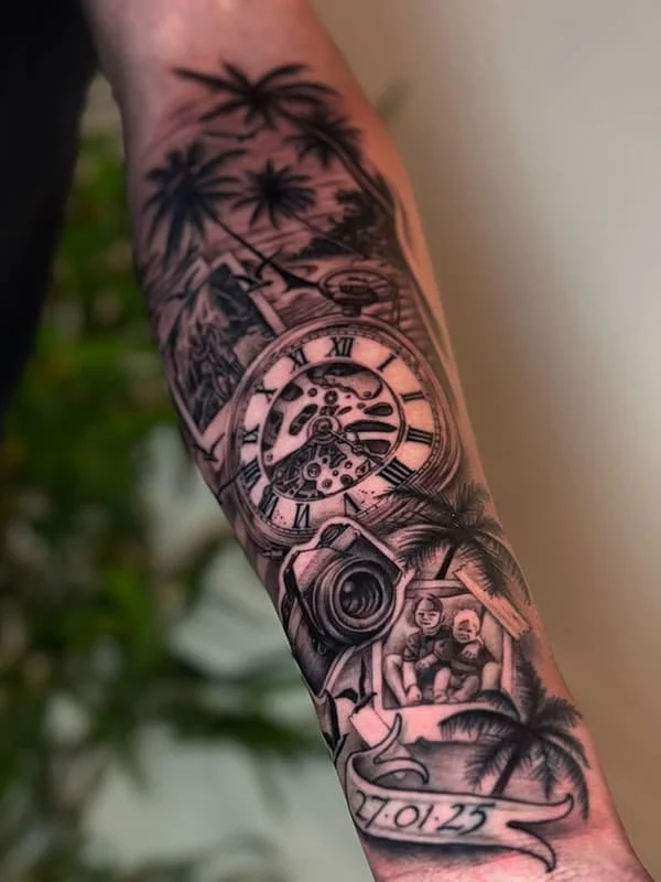 Black-and-grey illustrative forearm tattoo featuring a clock and family imagery.