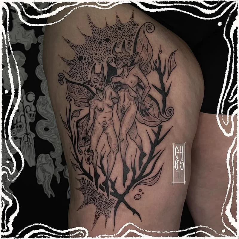 Intricate blackwork tattoo of fairies on thigh.