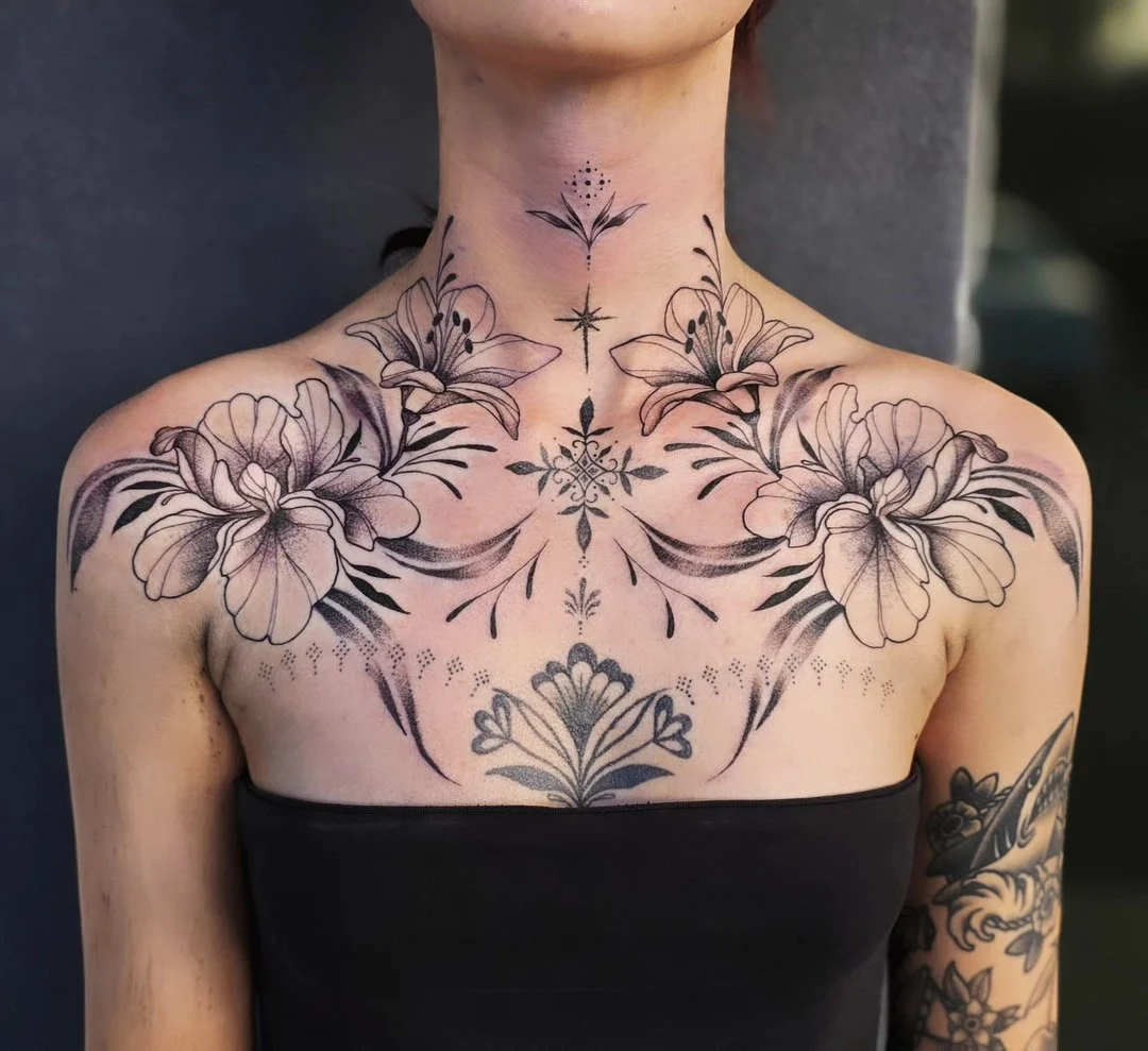 Premium black-and-grey large floral chest piece by an Australian master artist