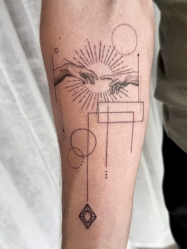 Fine-line tattoo of hands and geometric shapes on forearm.