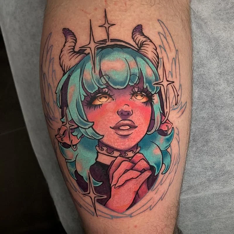 Colorful illustrative tattoo of a whimsical character on forearm.
