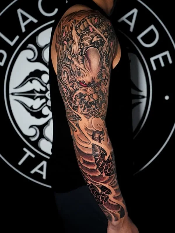Large Japanese dragon full sleeve in black and grey