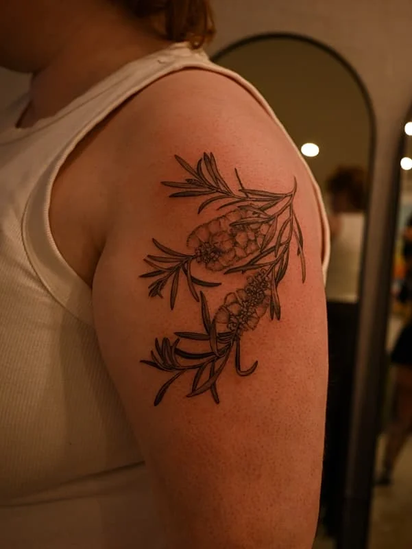 Illustrative floral tattoo on upper arm.