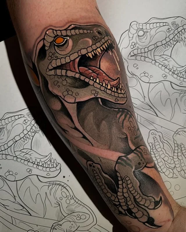 Realistic dinosaur tattoo on forearm.