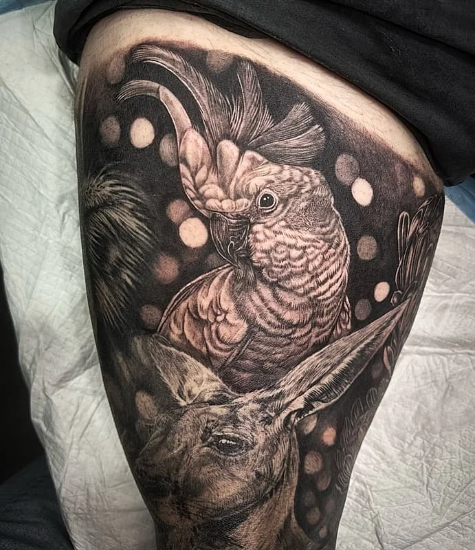 Realistic tattoo of a cockatoo and kangaroo on thigh.