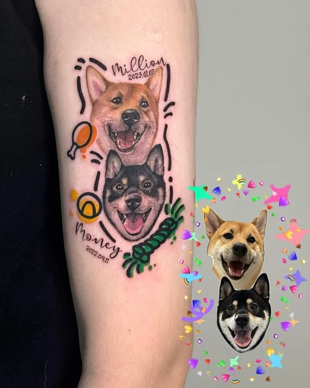 Colorful illustrative tattoo of two happy dogs on arm.