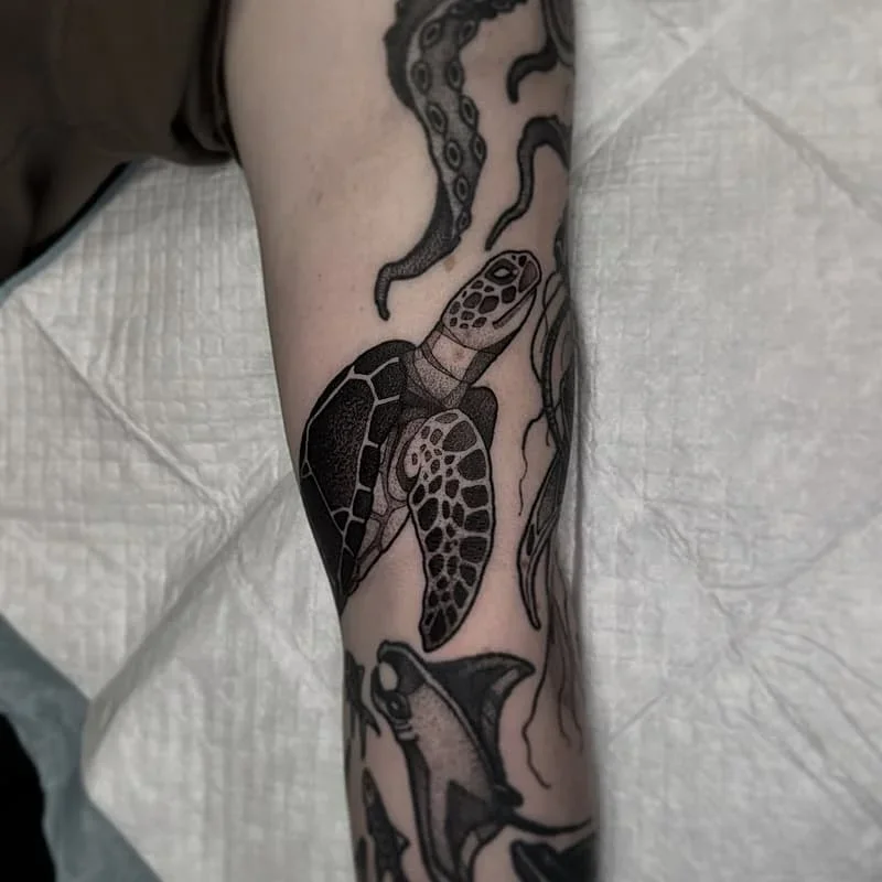 Black and grey turtle tattoo on forearm