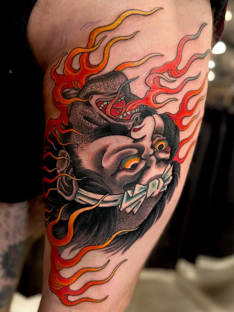 Japanese-style mythical creature half sleeve with flames
