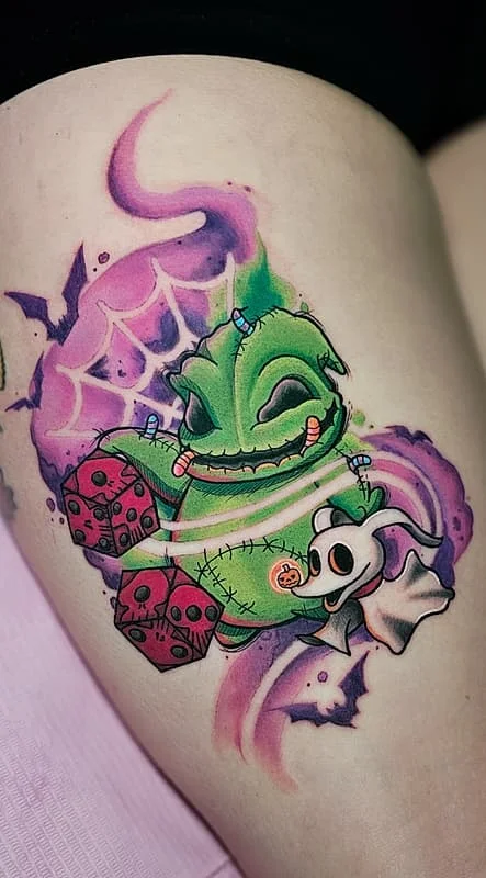 Colourful new school cartoon tattoo on thigh
