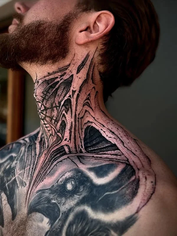 Large blackwork tattoo on neck and shoulder featuring a bird.
