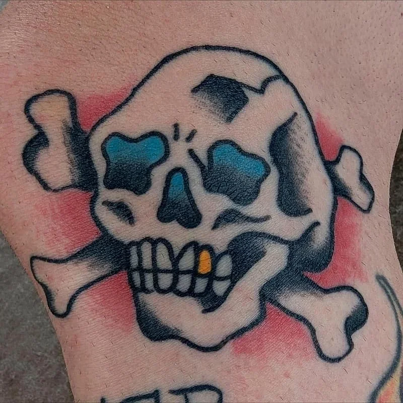 Colorful skull and crossbones tattoo on ankle.