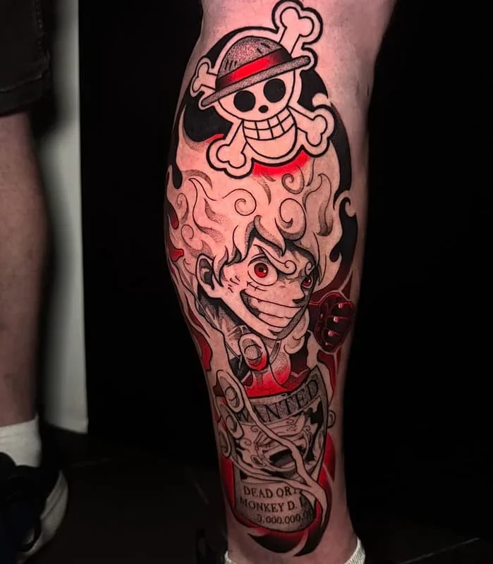 Colourful anime illustrative leg tattoo