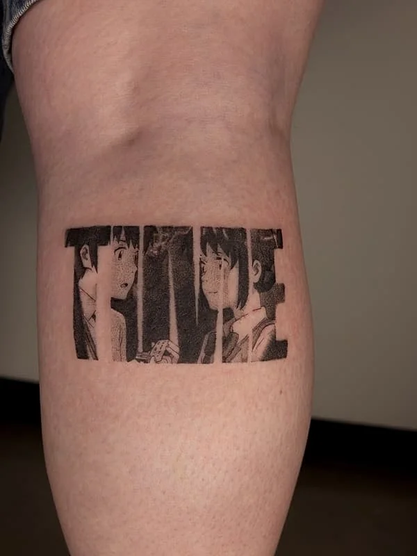 Medium blackwork anime tattoo on leg depicting characters and time.