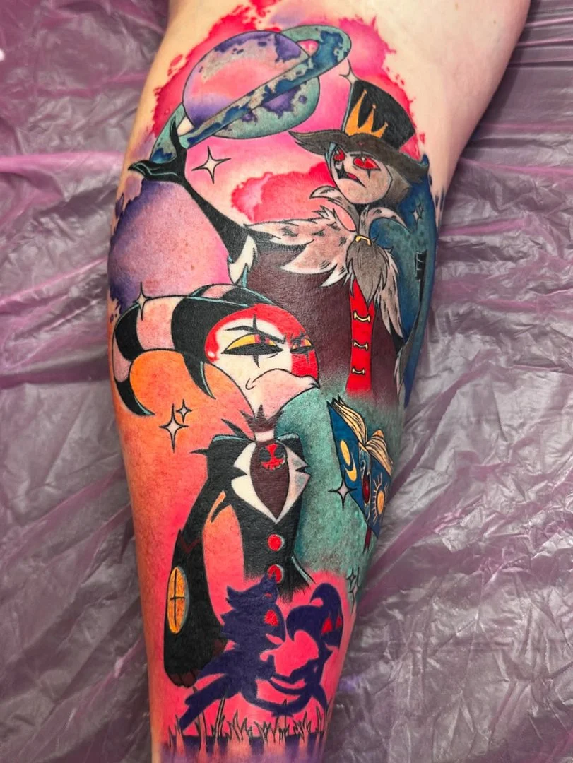 Colorful fantasy cartoon tattoo on leg.