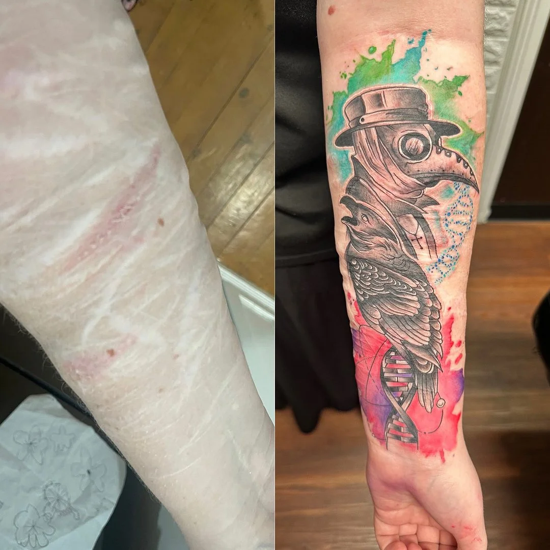 Colorful illustrative tattoo of a plague doctor and bird on forearm.