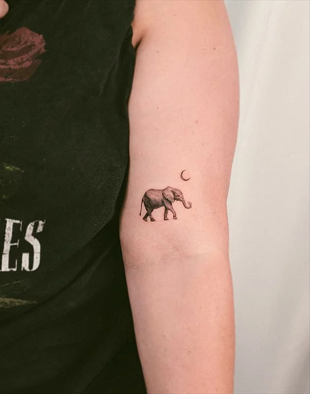 Small fine-line elephant tattoo on arm with crescent moon.