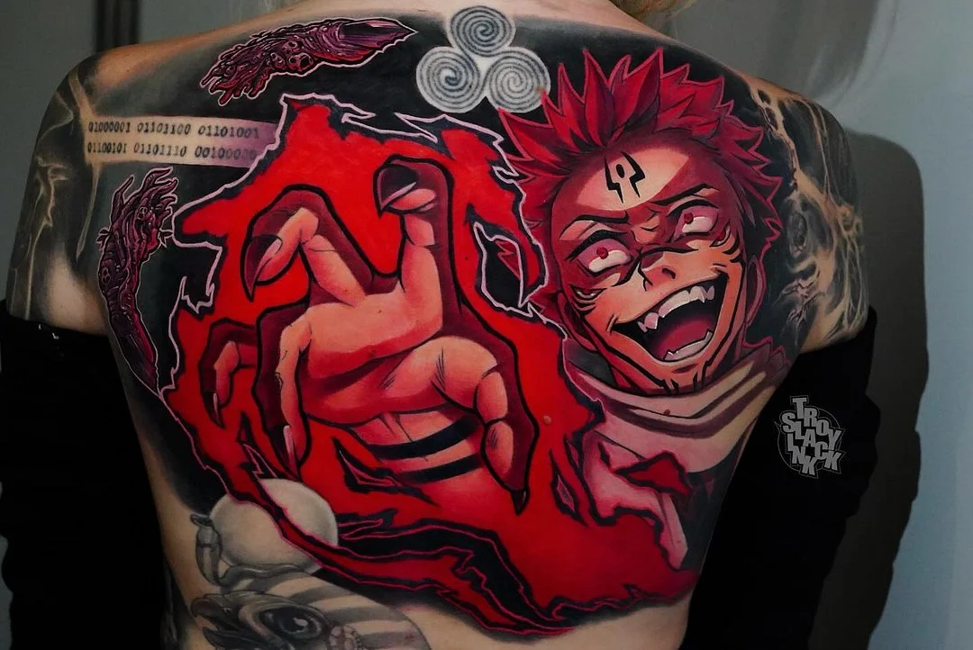 Large colorful anime tattoo on the back.