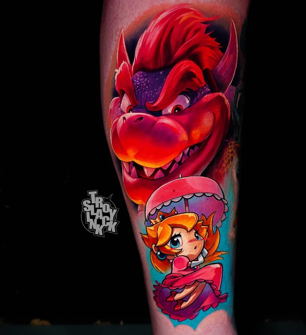 Colorful cartoon character tattoo on leg.