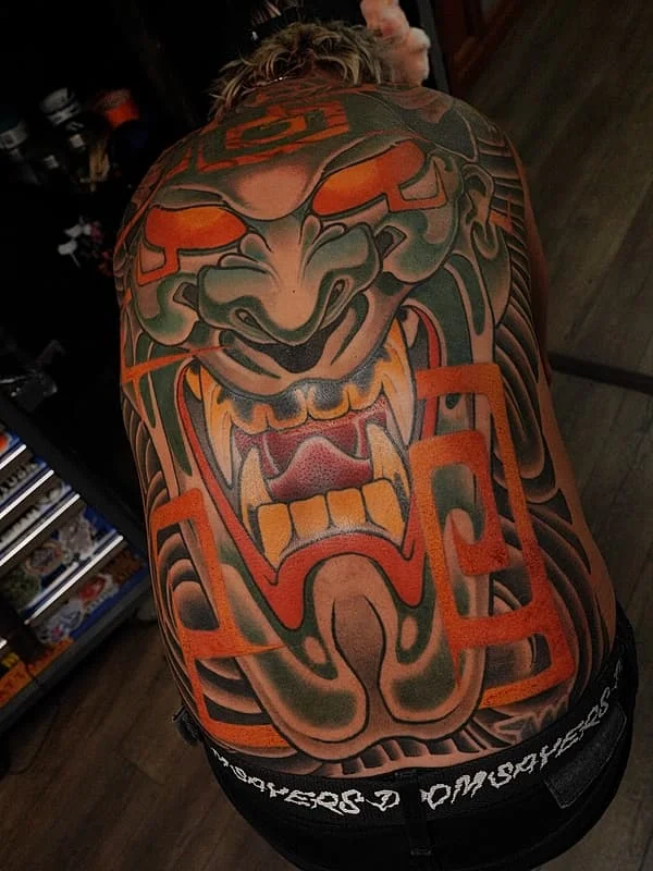 Large colourful Japanese dragon back piece in traditional irezumi style